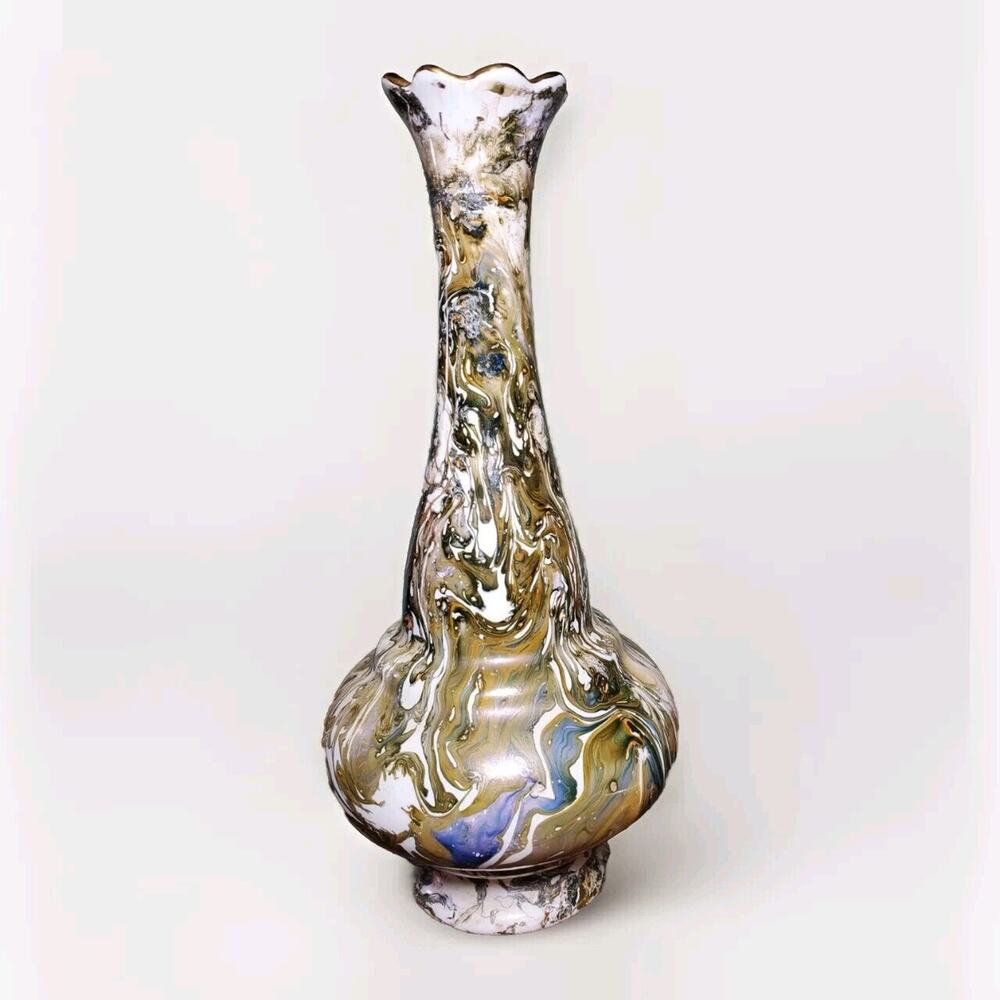Vtg Sumerbank Turkey YPS VASE Hand Painted Porcelain MCM Bronze Blue Cream Swirl